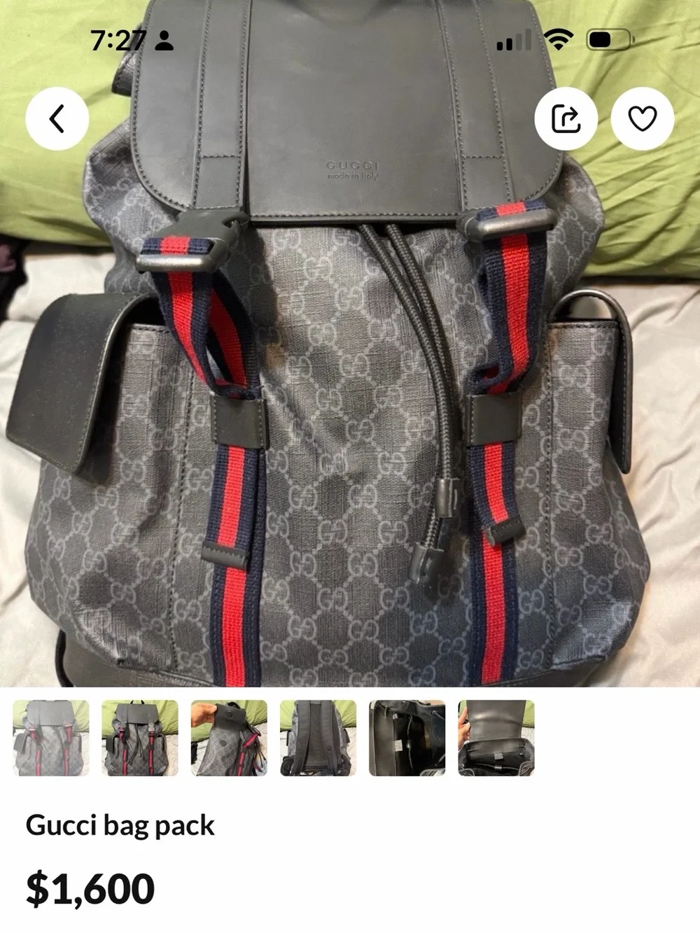 Gucci Gray GG Supreme Canvas Backpack with Red and Blue Web Straps